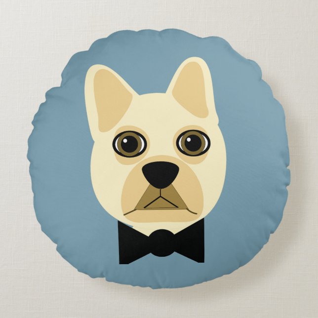 French Bulldog with bowtie blue Round Pillow (Front)