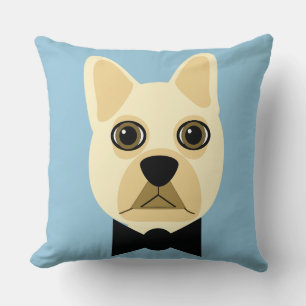 French Bulldog with bowtie Cream Blue Throw Pillow