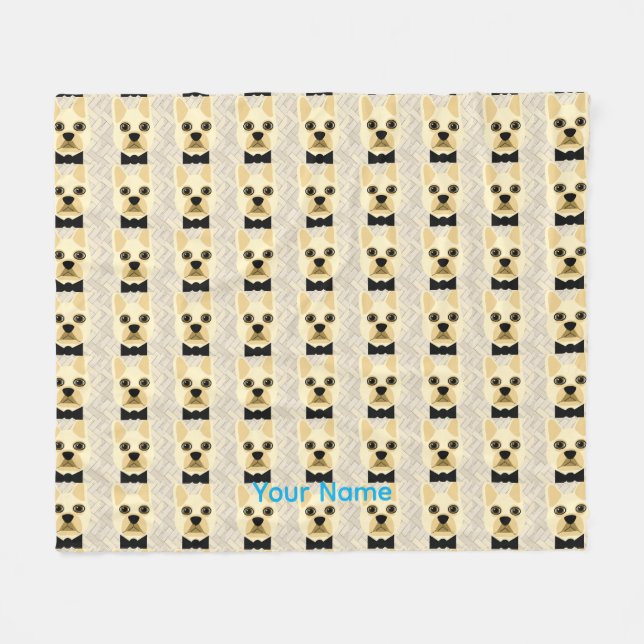 French Bulldog with Bowtie, Herringbone Beige  Fleece Blanket (Front (Horizontal))
