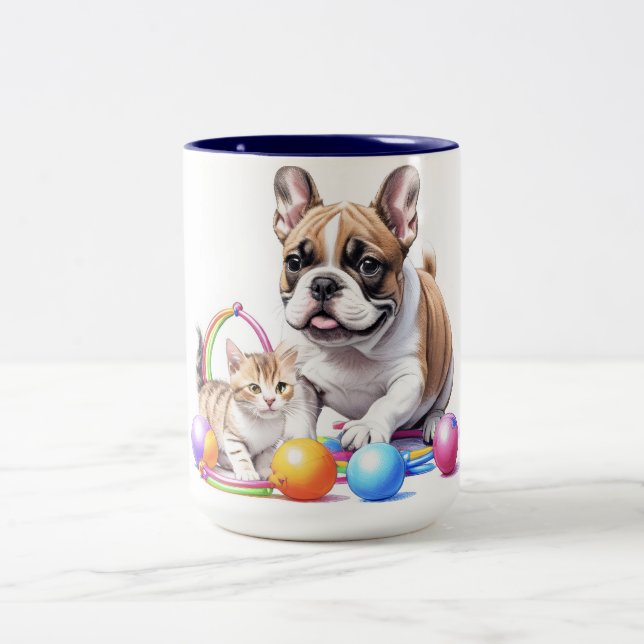 French Bulldog with cat Two-Tone Coffee Mug (Center)