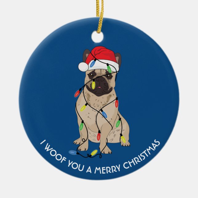  French Bulldog with Christmas lights Christmas Ceramic Ornament (Front)
