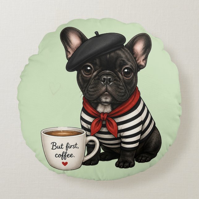 French Bulldog with coffee Round Pillow (Front)