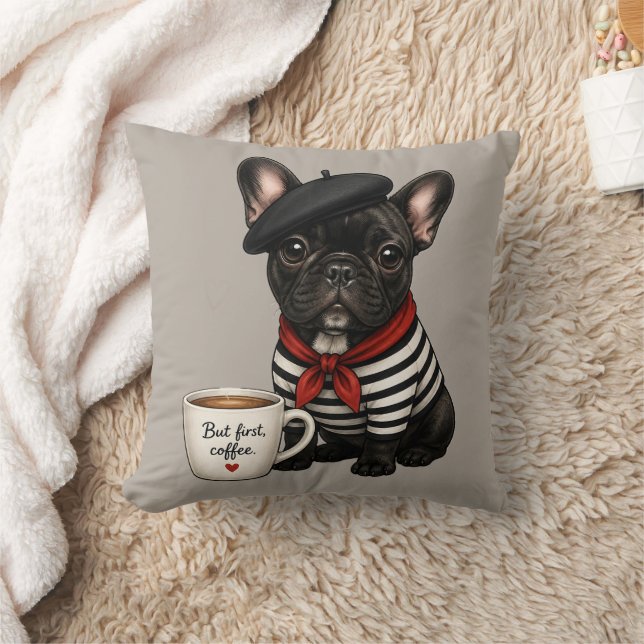 French Bulldog with coffee Throw Pillow (Blanket)