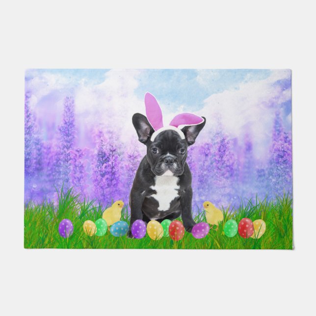 French Bulldog with Easter Eggs Bunny Chicks Doormat (Front)