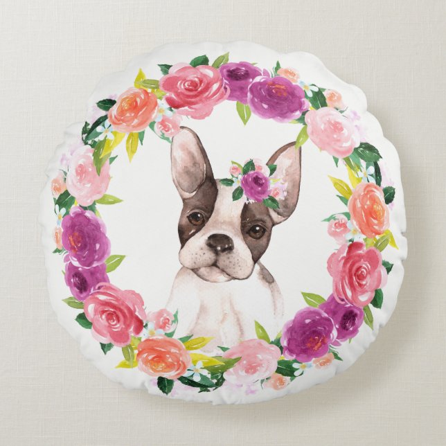 French Bulldog with Floral Wreath Pillow (Front)
