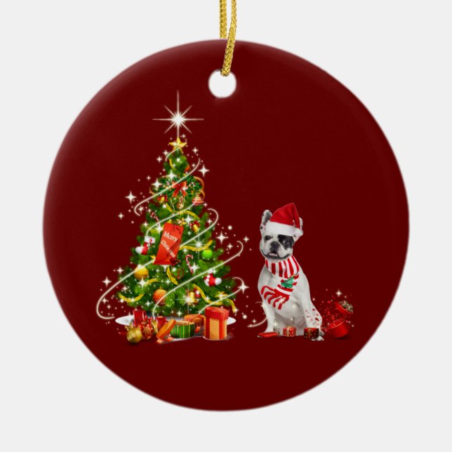 french bulldog With Hat Scaft Christmas Ceramic Ornament (Front)