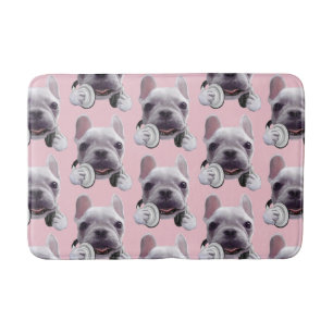 French Bulldog with Headphones Illustration Bath Mat