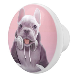 French Bulldog with Headphones Illustration Ceramic Knob