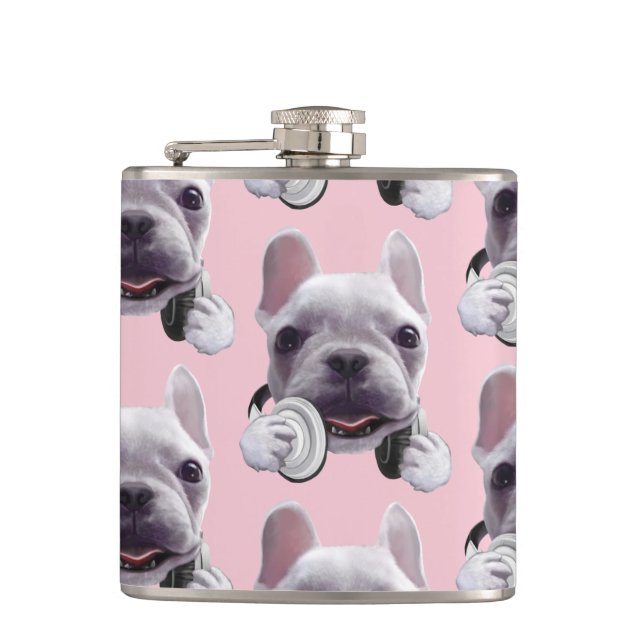 French Bulldog with Headphones Illustration Hip Flask (Front)