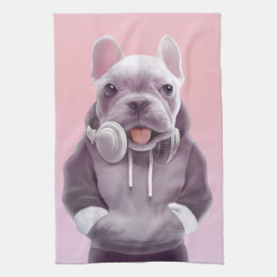 French Bulldog with Headphones Illustration Kitchen Towel