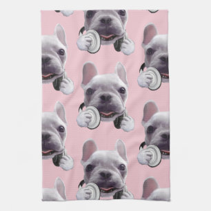 French Bulldog with Headphones Illustration Kitchen Towel
