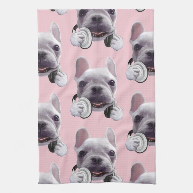 French Bulldog with Headphones Illustration Kitchen Towel (Vertical)