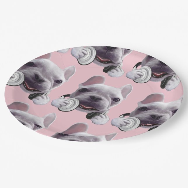 French Bulldog with Headphones Illustration Paper Plate (Angled)
