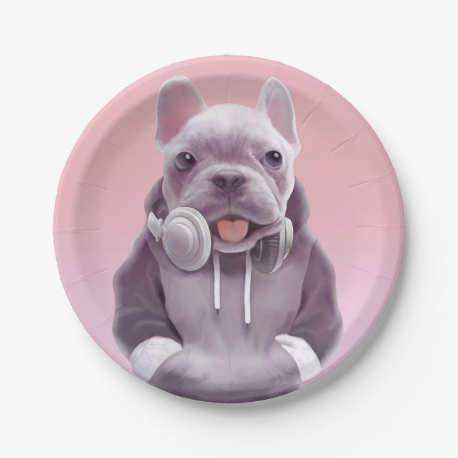 French Bulldog with Headphones Illustration Paper Plate (Front)