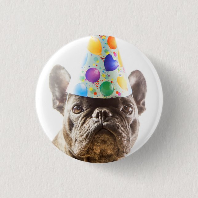 French Bulldog with Party Hat 1 Inch Round Button (Front)