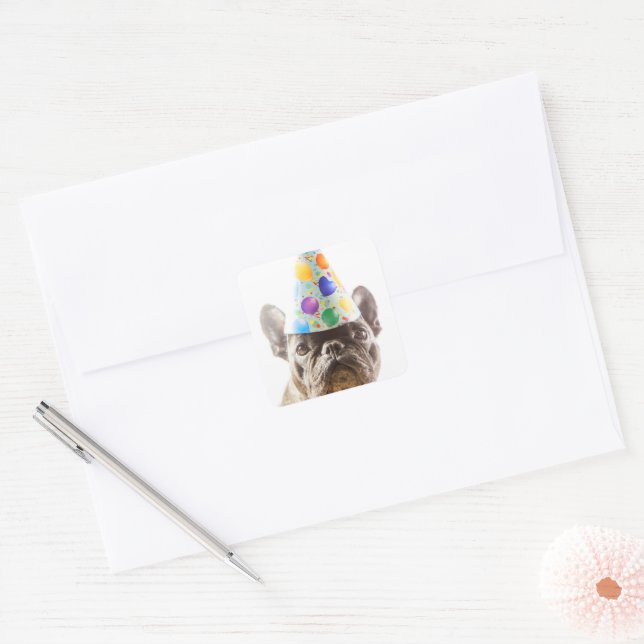 French Bulldog with Party Hat Square Sticker (Envelope)