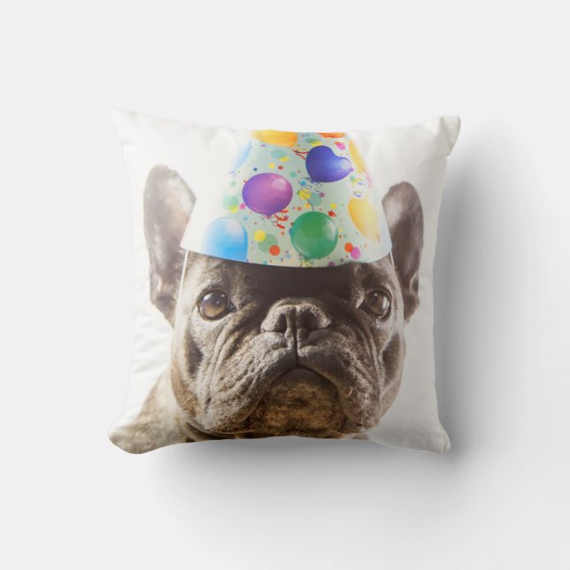 French Bulldog with Party Hat Throw Pillow (Front)