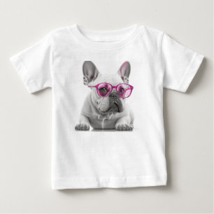 French Bulldog with pink glasses Baby Fine Tshirt