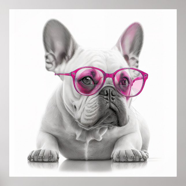French Bulldog with pink glasses poster (Front)