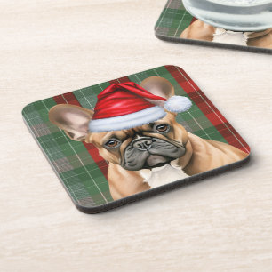 French Bulldog with Red and Green Holiday Plaid Coaster