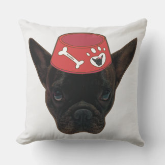 French Bulldog with Red Bowl Throw Pillow