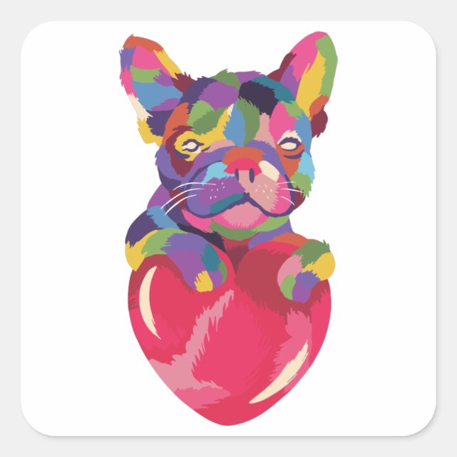 French Bulldog with red heart colourful Square Sticker (Front)