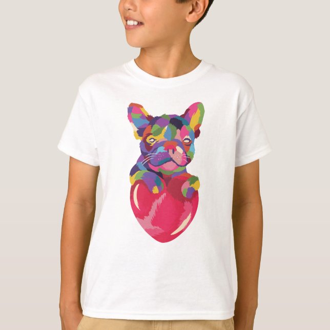 French Bulldog with red heart colourful T-Shirt (Front)