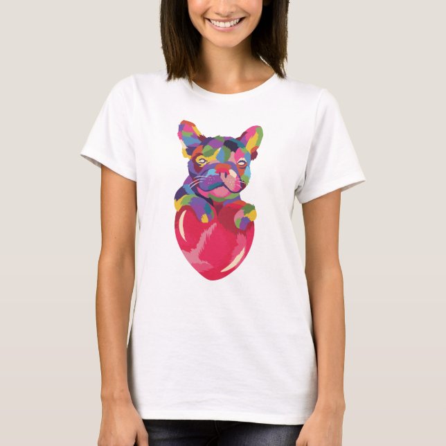 French Bulldog with red heart colourful T-Shirt (Front)