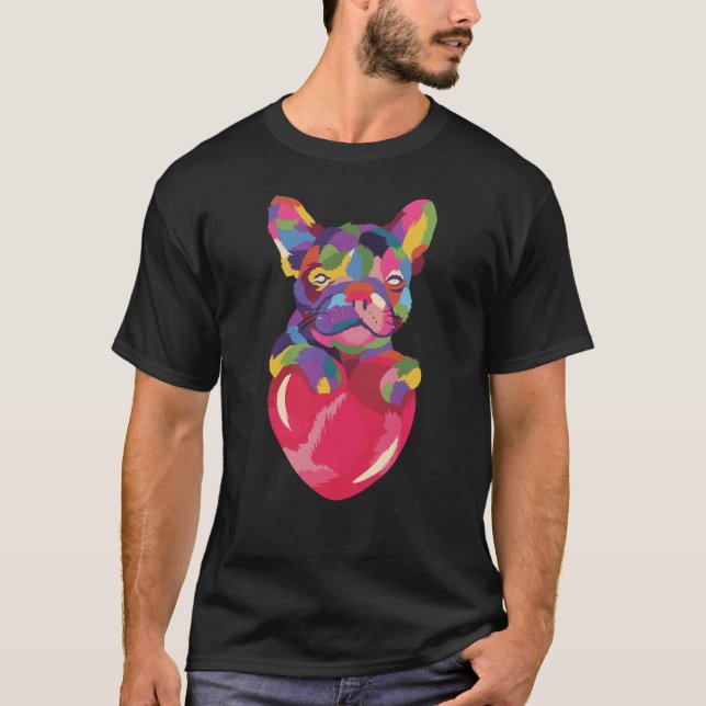French Bulldog with red heart colourful T-Shirt (Front)