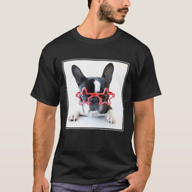 French Bulldog With Red Star Glasses T-Shirt (Front)