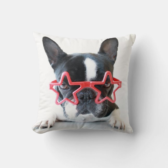 French Bulldog With Red Star Glasses Throw Pillow (Front)