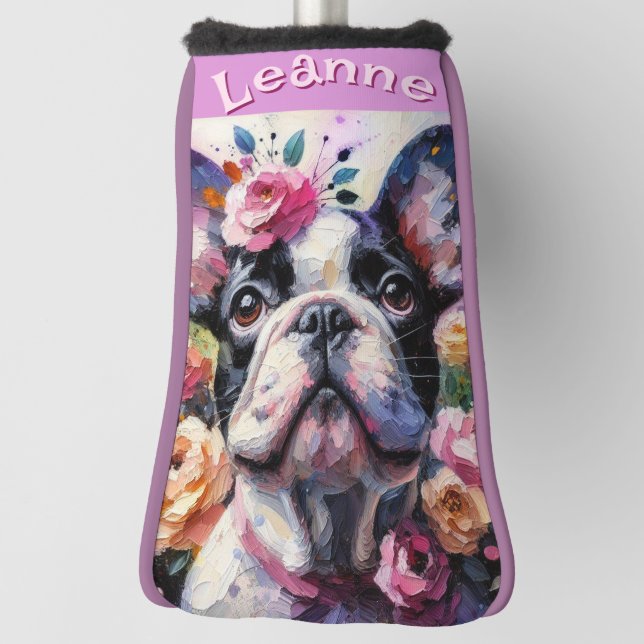 French Bulldog with Roses Floral Personalized Golf Head Cover (Rotate 90)