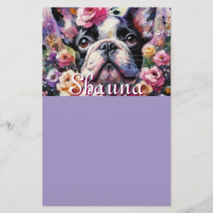 French Bulldog with Roses Floral Personalized Stationery