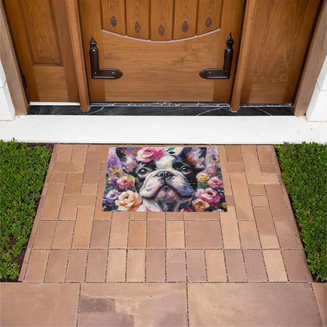 French Bulldog with Roses Impressionistic Painting Doormat (Outdoor)