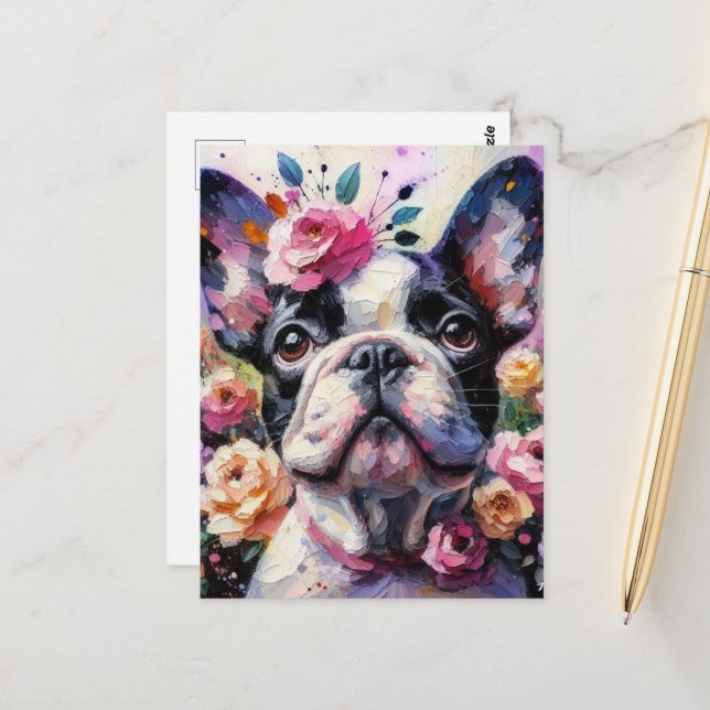 French Bulldog with Roses Impressionistic Painting Postcard (Front/Back In Situ)