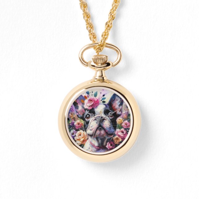 French Bulldog with Roses Impressionistic Painting Watch (Front)