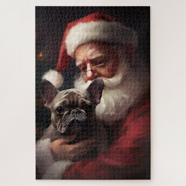 French Bulldog With Santa Claus Festive Christmas Jigsaw Puzzle (Vertical)