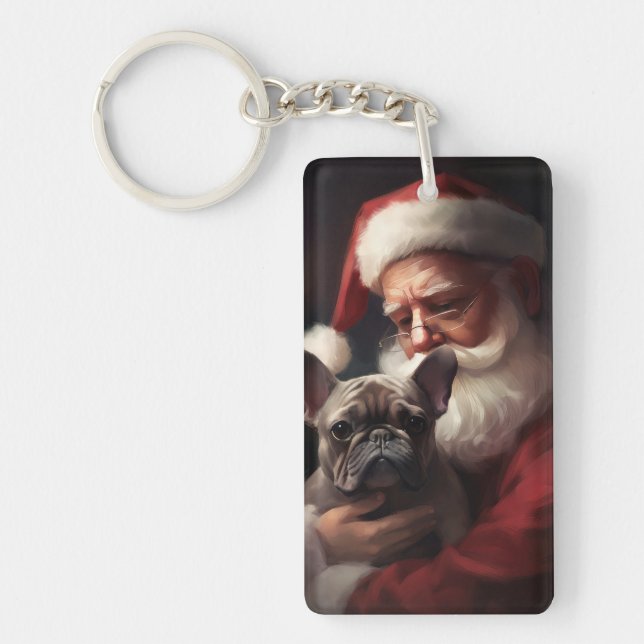 French Bulldog With Santa Claus Festive Christmas Keychain (Front)