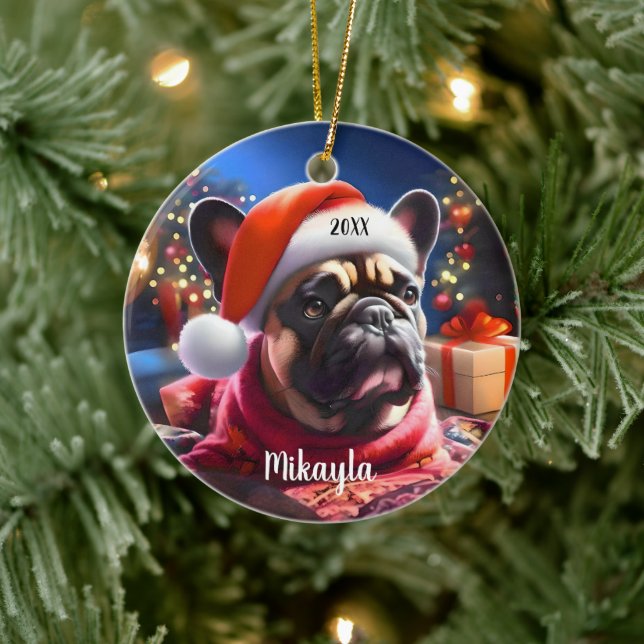 French Bulldog with Santa Hat Christmas Ceramic Ornament (Tree)