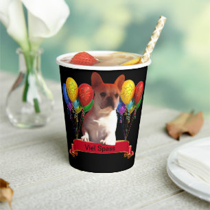 French bulldogge with balloons paper cups