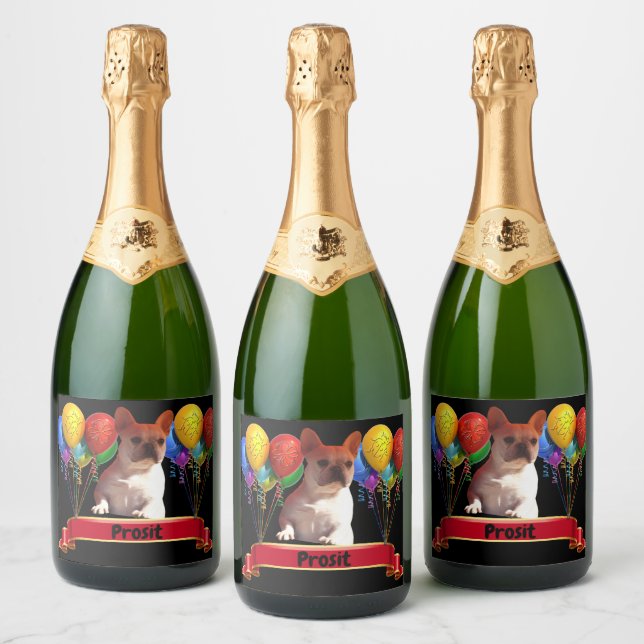 French bulldogge with balloons sparkling wine label (Bottles)