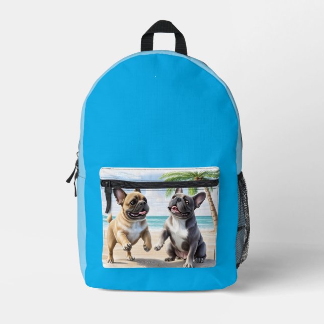 French Bulldogs Beach French Bulldog Printed Backpack (Front)
