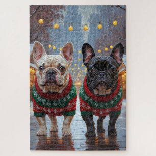 French Bulldogs Christmas Snow Holiday Jigsaw Puzzle