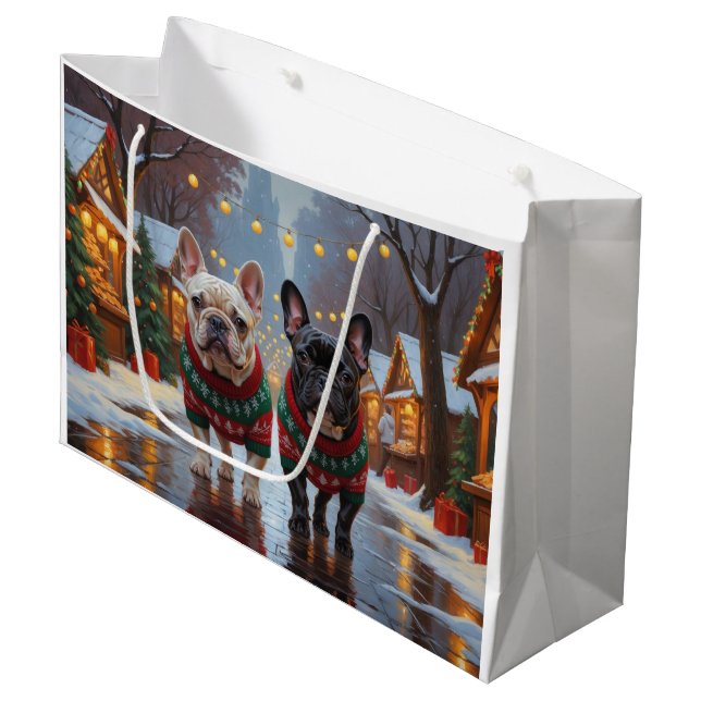 French Bulldogs Christmas Snow Holiday Large Gift Bag (Front Angled)