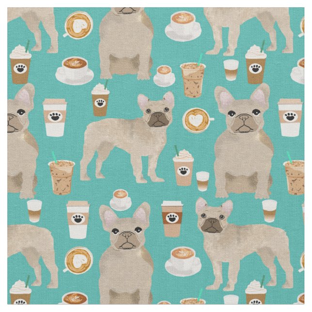 French Bulldogs Coffee Lover Turquoise Fabric (Close Up)