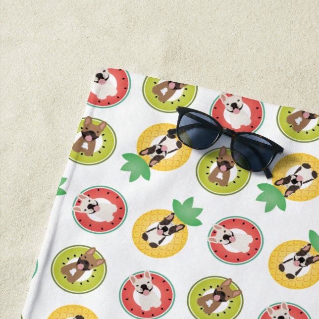 French Bulldogs In Fruit Pool Floats Pattern Beach Towel (In Situ)