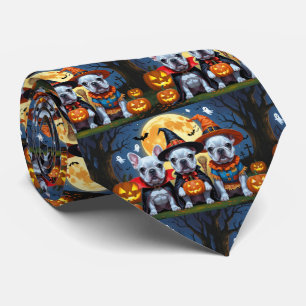 French Bulldogs Pumpkin Halloween Funny Tie