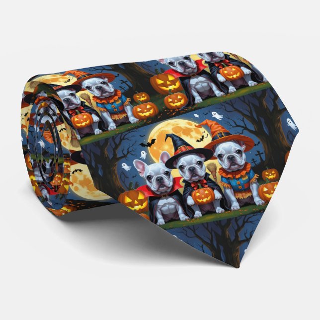 French Bulldogs Pumpkin Halloween Funny  Tie (Rolled)