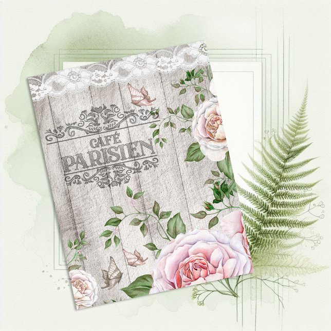 French Cafe Parisien Floral Wood Board Postcard (Creator Uploaded)