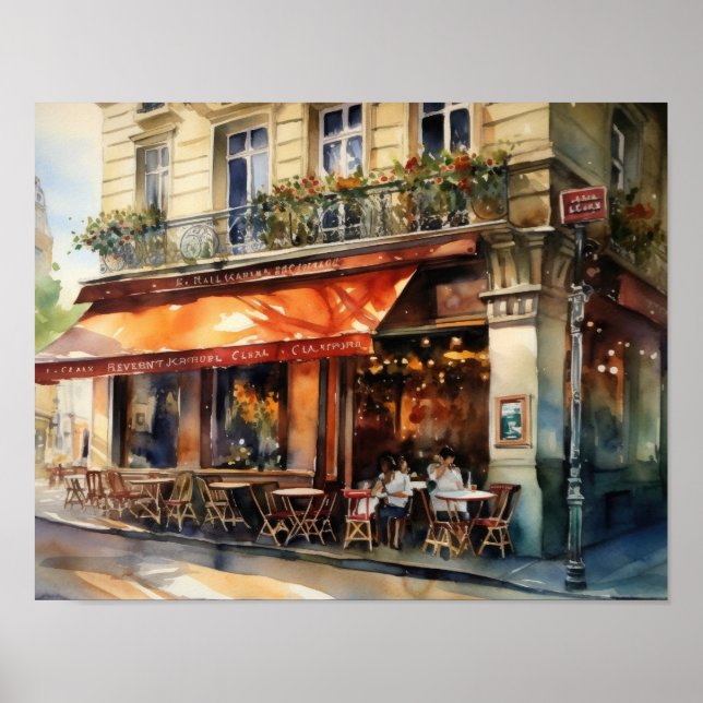 French Cafe Watercolor Landscape Art Print Poster (Front)